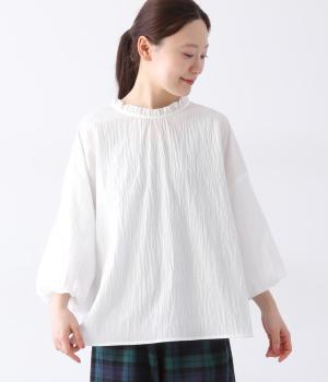 コットンローンチュールレースフリル襟袖バルーン2way8分袖プルオーバー(オフホワイト-ONESIZE)