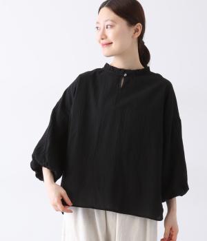 コットンローンチュールレースフリル襟袖バルーン2way8分袖プルオーバー(ブラック-ONESIZE)