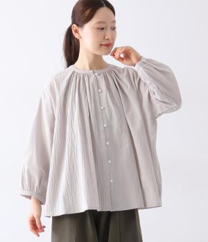コットンローンギャザー9分袖ブラウス(ライトグレー-ONESIZE)