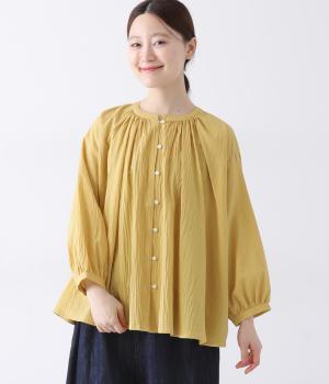 コットンローンギャザー9分袖ブラウス(マスタード-ONESIZE)