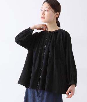 コットンローンギャザー9分袖ブラウス(ブラック-ONESIZE)