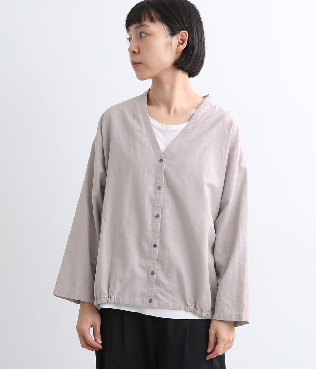 コットンリネン平織り裾ゴムVネック8分袖カーディガン(グレー-ONESIZE)