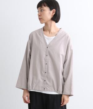 コットンリネン平織り裾ゴムVネック8分袖カーディガン(グレー-ONESIZE)