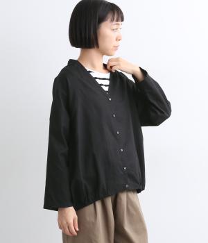 コットンリネン平織り裾ゴムVネック8分袖カーディガン(ブラック-ONESIZE)