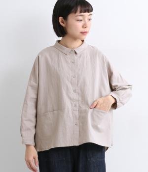 コットンリネン平織りスタンドカラー切替ワイド8分袖シャツ(グレー-ONESIZE)