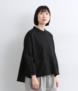 コットンリネン平織りスタンドカラー切替ワイド8分袖シャツ(ブラック-ONESIZE)