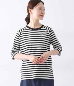 リサイクルコットン天竺ボーダーラグラン5分袖Tシャツ(オフホワイト×ブラック-M)