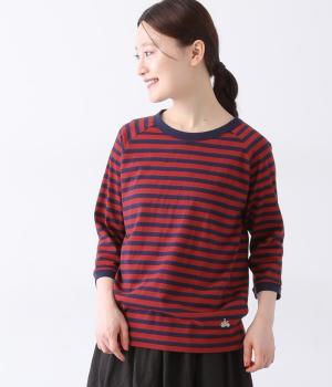 リサイクルコットン天竺ボーダーラグラン7分袖Tシャツ(レッド×ネイビー-L)