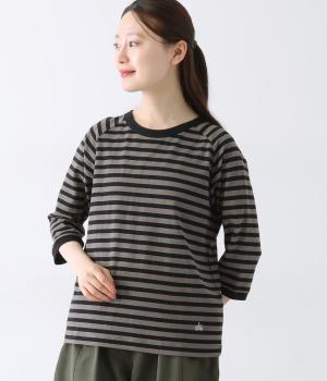 リサイクルコットン天竺ボーダーラグラン7分袖Tシャツ(チャコール×ブラック-L)