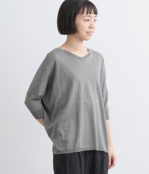 コットンシルク 前後差 浅Vネック5分袖プルオーバー(トップグレー-F)
