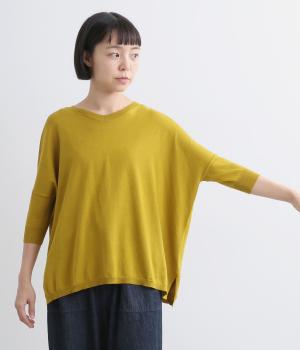 コットンシルク 前後差 浅Vネック5分袖プルオーバー(ピスタチオ-F)