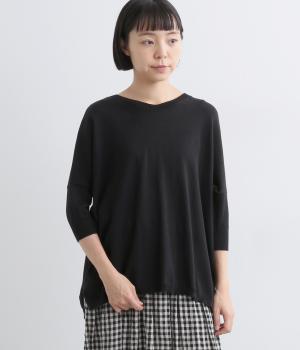 コットンシルク 前後差 浅Vネック5分袖プルオーバー(ブラック-F)