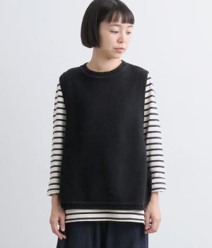 コットン鹿の子 サイドスリットベスト(ブラック-F)