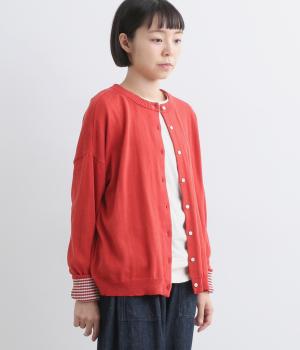 コットン 2way袖口ボーダーワイドカーディガン(レッド-F)