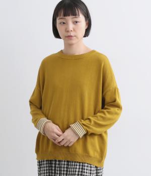 コットン 2way袖口ボーダーワイドカーディガン(マスタード-F)