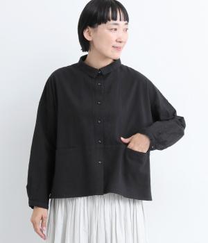 コットンリネン先染めチビ襟切替ワイドシャツ(ブラック-F)
