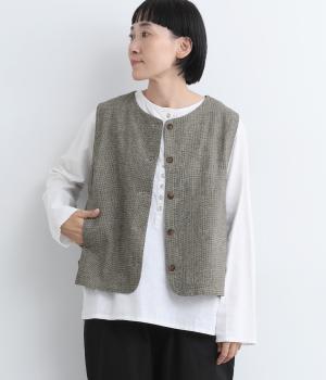 コットンリネン先染めサイドベルト付きベスト(ハウンズトゥース-F)