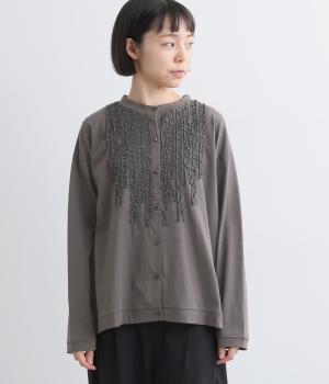 オーガニックスプライ天竺フリルモチーフ前開きクルーカーディガン(チャコール-F)