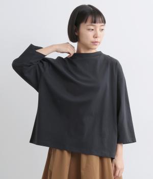 オーガニックスプライ天竺モックネック7分袖Tシャツ(ブラック-F)