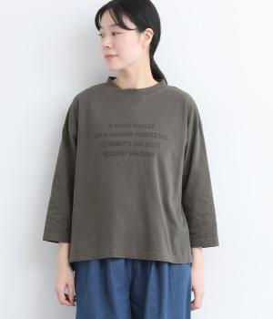 天竺（ピグメント加工）前後差裾スリットワイド7分袖T(チャコールグレー-F)