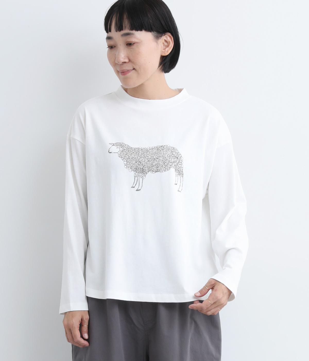 ラフィ天竺ラウンドヘムひつじプリント長袖T(オフホワイト-F)