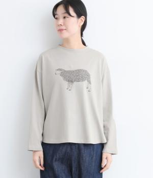 ラフィ天竺ラウンドヘムひつじプリント長袖T(グレー-F)