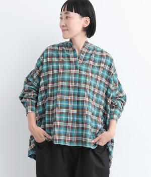 コットンヘリンボーン柄シャーリングバンドカラーヨークギャザーブラウス(ターコイズチェック-F)