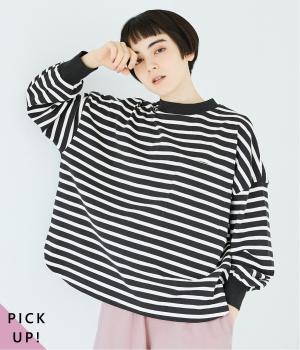 天竺ボーダ―RIB使いラウンドヘムプルオーバー(ブラック×キナリ-F)