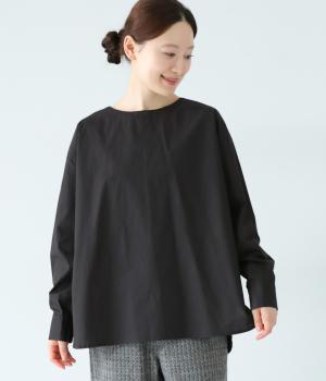 コットンブロード前後差裾ラウンドレイヤードシャツプルオーバー(ブラック-F)