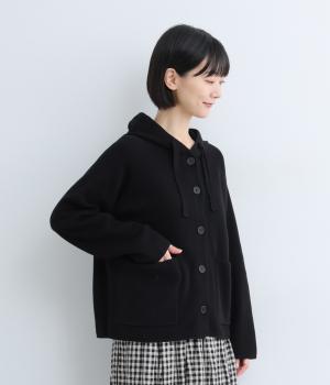 ミラノリブ編み フーディカーディガン(ブラック-F)