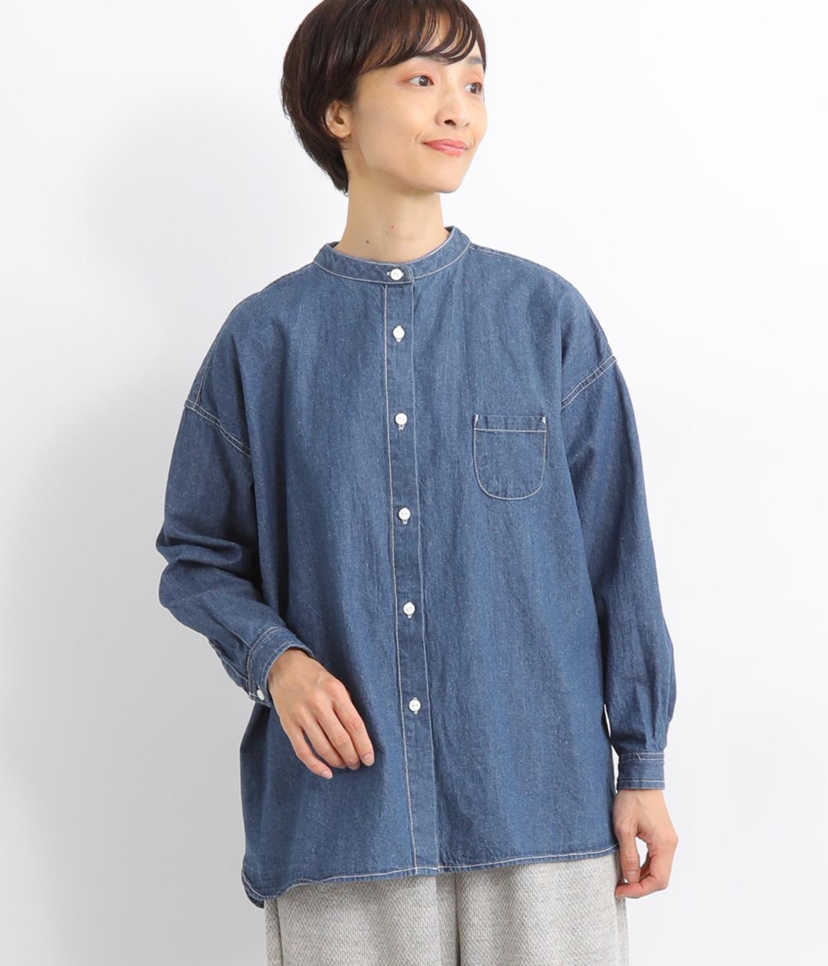ライトコットンリネンデニムステッチワークスタンドカラーシャツチュニック(ミディアムインディゴ-F)