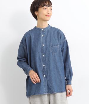 ライトコットンリネンデニムステッチワークスタンドカラーシャツチュニック(ミディアムインディゴ-F)