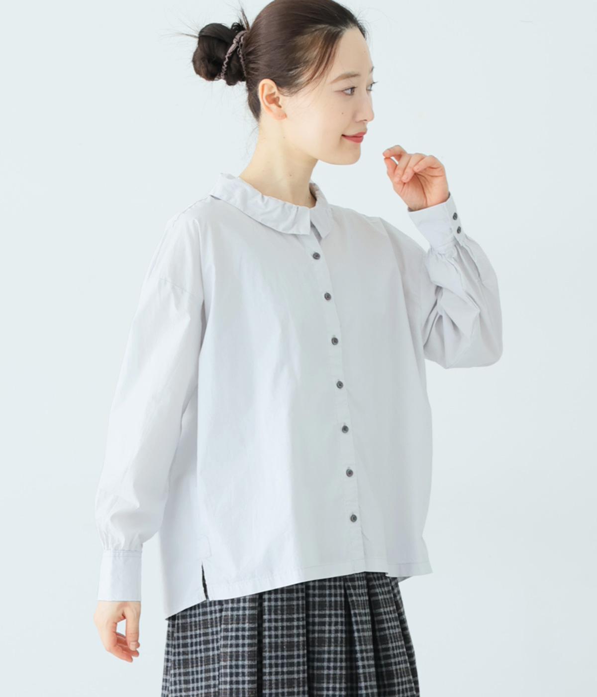 コットンブロード前後差襟ギャザーブラウス(ペールグレー-F)