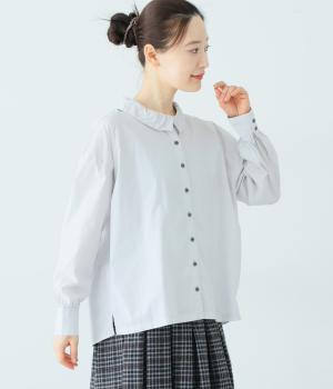 コットンブロード前後差襟ギャザーブラウス(ペールグレー-F)