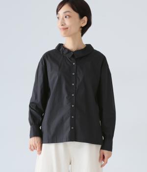 コットンブロード前後差襟ギャザーブラウス(ブラック-F)