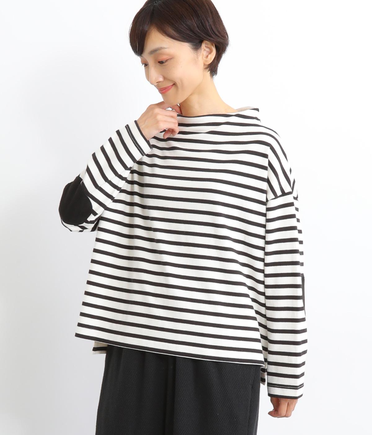 天竺ボーダー前後差ボトルネックプルオーバー（エルボーパッチ付）(キナリ×ブラック-F)