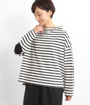 天竺ボーダー前後差ボトルネックプルオーバー（エルボーパッチ付）(キナリ×ブラック-F)