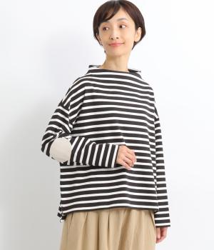 天竺ボーダー前後差ボトルネックプルオーバー（エルボーパッチ付）(ブラック×キナリ-F)