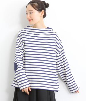 天竺ボーダー前後差ボトルネックプルオーバー（エルボーパッチ付）(キナリ×ロイヤルブルー-F)