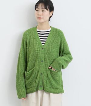 アルパカ混 片畦編み Vネックカーディガン(セージグリーン-F)