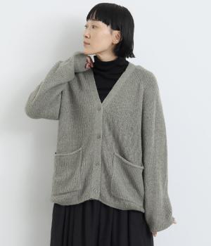 アルパカ混 片畦編み Vネックカーディガン(チャコール-F)