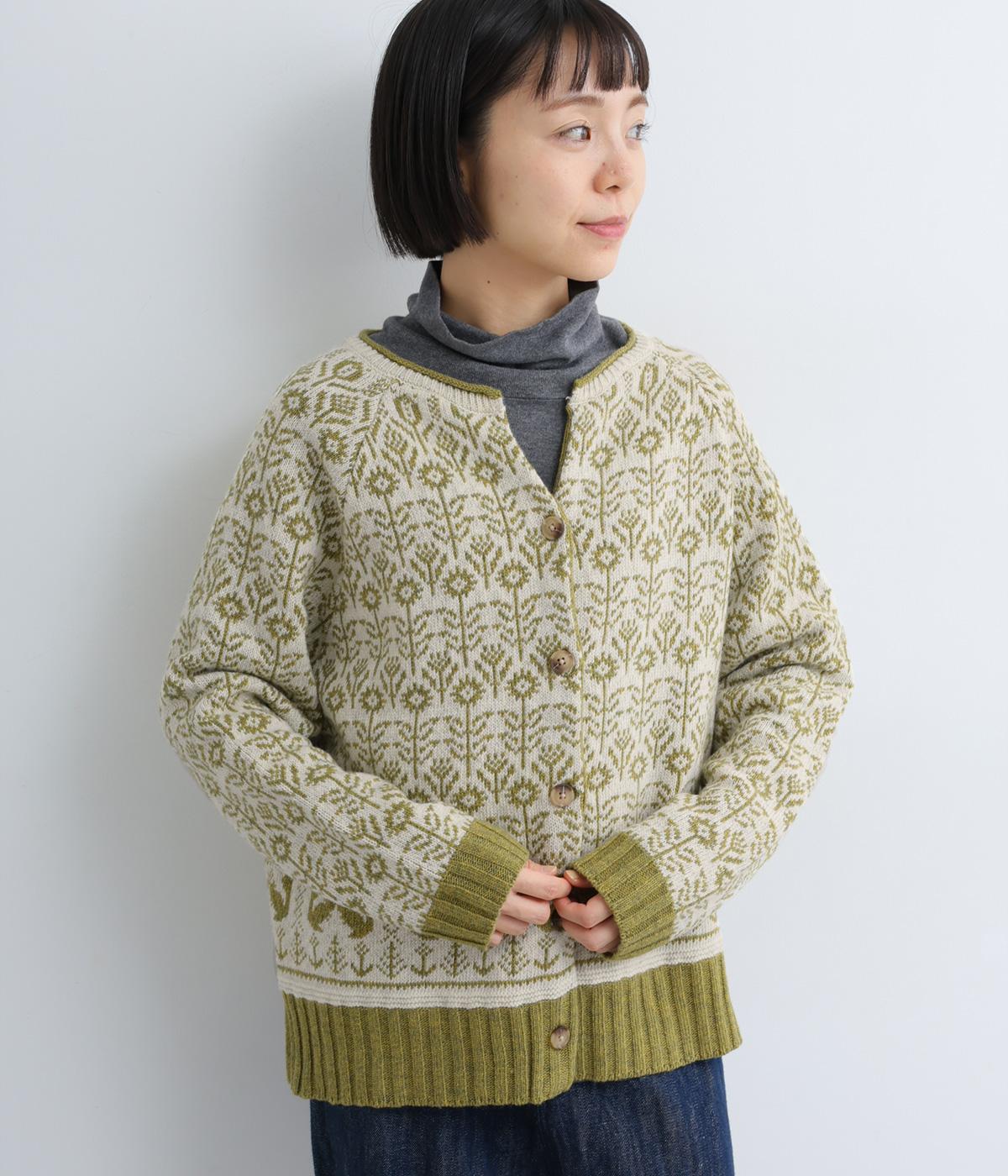 ラムナイロン FLOWERジャカードスキッパーカーディガン(オートミール-F)