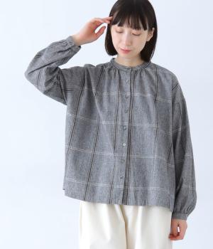 コットン表起毛バンドカラーネックギャザーシャツ(ウィンドウペンチェック-F)