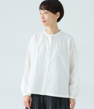 コットン表起毛バンドカラーネックギャザーシャツ(オフホワイト-F)
