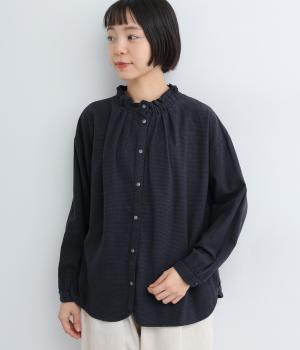 コットン表起毛ネックシャーリングブラウス(ネイビー×ブラック-F)