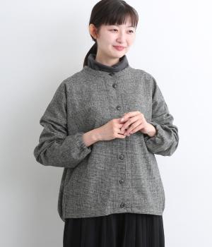毛混ツイードグレンチェック前後差裾ゴムコクーンオーバーシャツ(グレー-F)