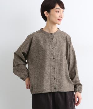 毛混ツイードグレンチェック前後差裾ゴムコクーンオーバーシャツ(ブラウン-F)