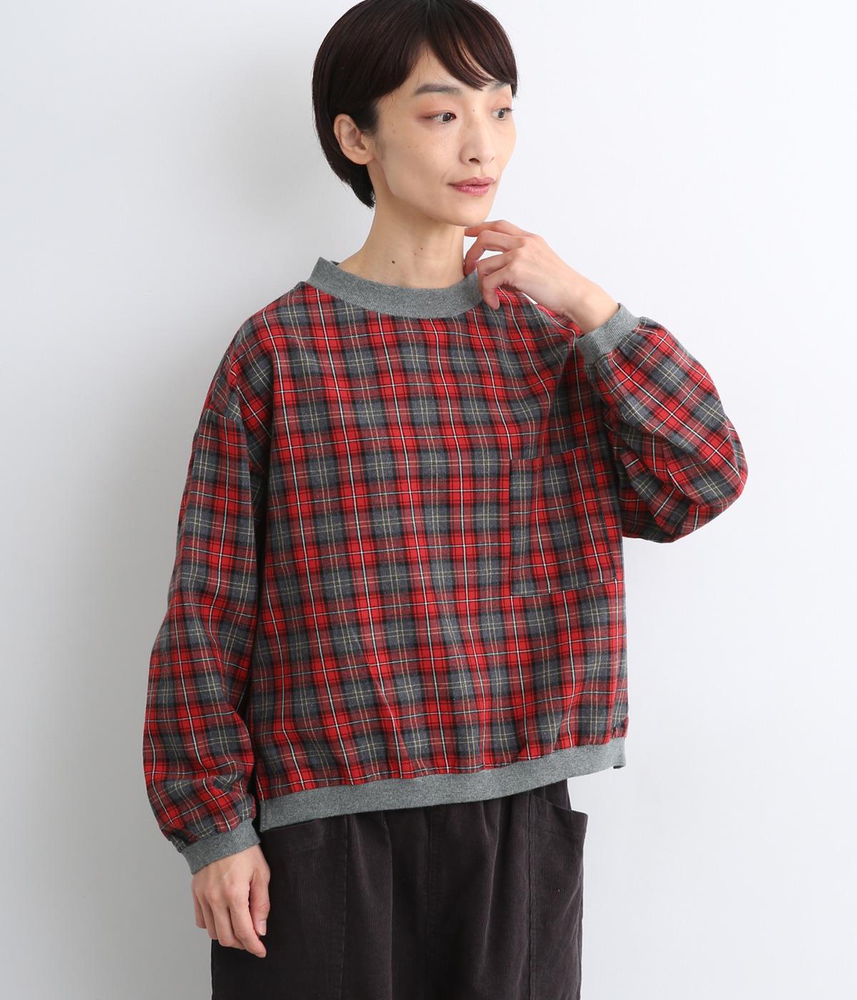 綾織起毛チェック前後差リブ使いコクーンプルオーバー(レッドチェック-F)