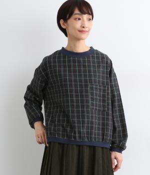 綾織起毛チェック前後差リブ使いコクーンプルオーバー(グリーンチェック-F)