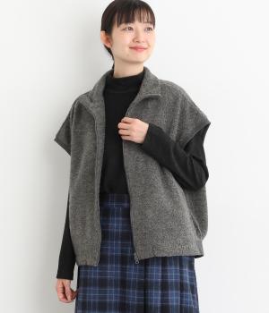 毛混パイルダブルジップハイネックベスト(杢チャコール-F)